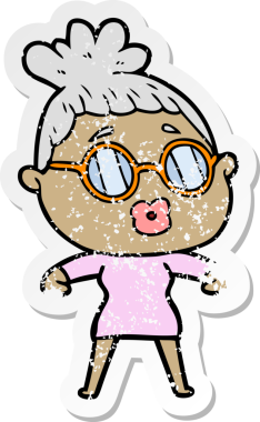 Bir insan tarafından çizilmiş gözlük takan karikatürlü bir kadının sıkıntılı çıkartması.