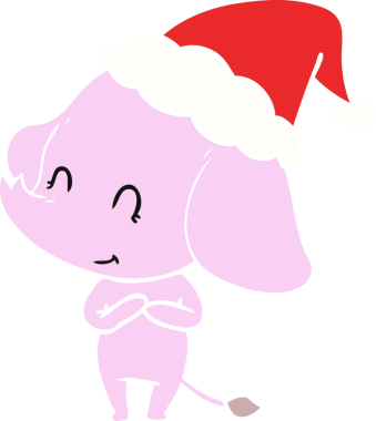 Bir insan tarafından çizilmiş Noel Baba şapkası takan bir filin düz renkli çizimi.