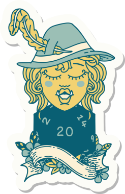 Bir insan tarafından çizilmiş 20 zarlı şarkı söyleyen yarı ork bir ozanın çıkartması.