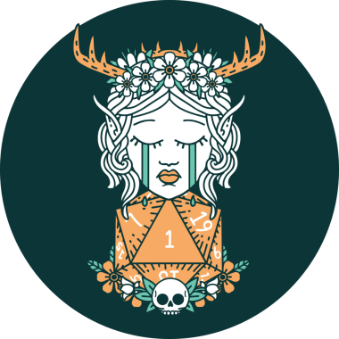 Ağlayan Elf Büyücüsü karakteri yüzü ve bir insan tarafından çizilmiş doğal bir D20 rulosu.