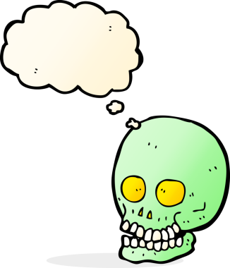 Bir insan tarafından çizilmiş düşünce baloncuklu bir kafatası.