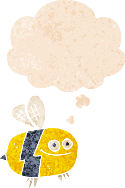 Düşünce baloncuğu olan çizgi film arısı bir insan tarafından çizilmiş dertli retro tarzı