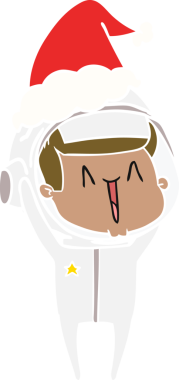 Mutlu el çizimi düz renk çizimi. Bir astronot Noel Baba şapkası takıyor.