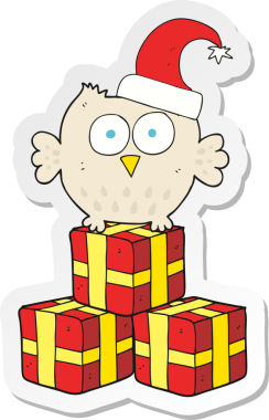 Bir insan tarafından çizilmiş Noel şapkası giyen küçük bir baykuşun çıkartması.