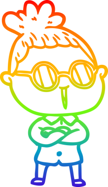 Bir insan tarafından çizilmiş gözlük takan bir karikatür kadının çizimi.