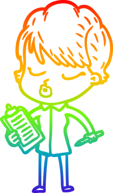 Gökkuşağı gradyan çizgi çizimi bir insan tarafından çizilmiş gözleri olan bir karikatür kadın