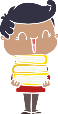 Düz renkli çizgi film karakteri gülen çocuk bir insanın çizdiği kitapları taşıyor.