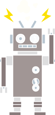 Bir insan tarafından çizilmiş arızalı bir robotun düz renk retro karikatürü