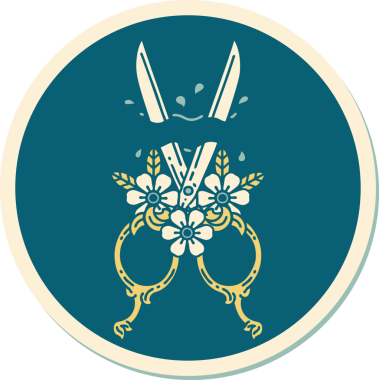 Bir insan tarafından çizilmiş geleneksel makas ve çiçek stili dövme çıkartması.