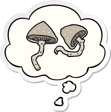 Düşünce baloncuklu mantarlar insan tarafından çizilmiş bir çıkartma.