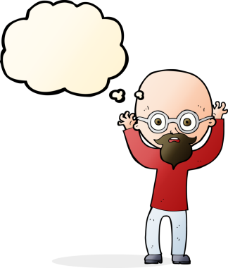 Çizgi film, bir insan tarafından çizilmiş düşünce balonlu kel adamı strese sokuyor.