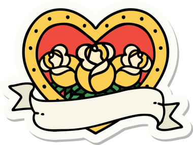 Geleneksel kalp stili dövme çıkartması ve bir insan tarafından çizilmiş çiçekli pankart.