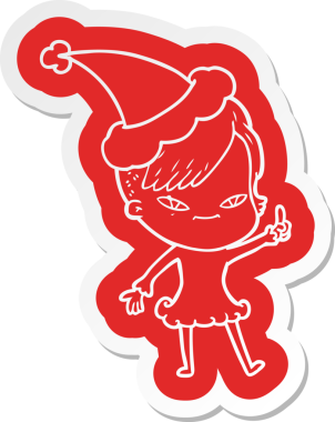 Hipster saç kesimi olan, Noel Baba şapkası takan bir kızın komik çizgi film çıkartması.