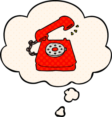 Bir insan tarafından çizilmiş çizgi roman tarzında düşünce baloncuğu olan eski bir telefon.
