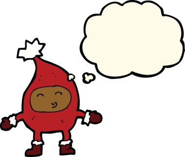 Bir insan tarafından çizilmiş düşünce baloncuklu komik noel karakteri.