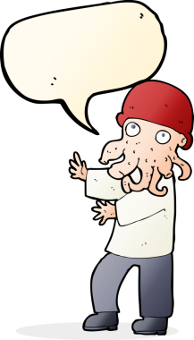 Bir insan tarafından çizilmiş konuşma balonu olan çizgi film canavarı adam.