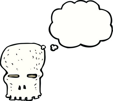 Bir insan tarafından çizilmiş düşünce baloncuklu garip kafatası.