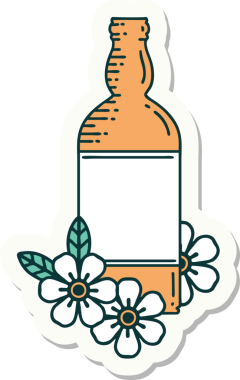 Rom şişesi ve bir insan tarafından çizilmiş çiçek şeklinde dövme çıkartması.