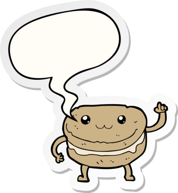 Bir insan tarafından çizilmiş konuşma balonu çıkartmalı pasta karakterini sallayan çizgi film.