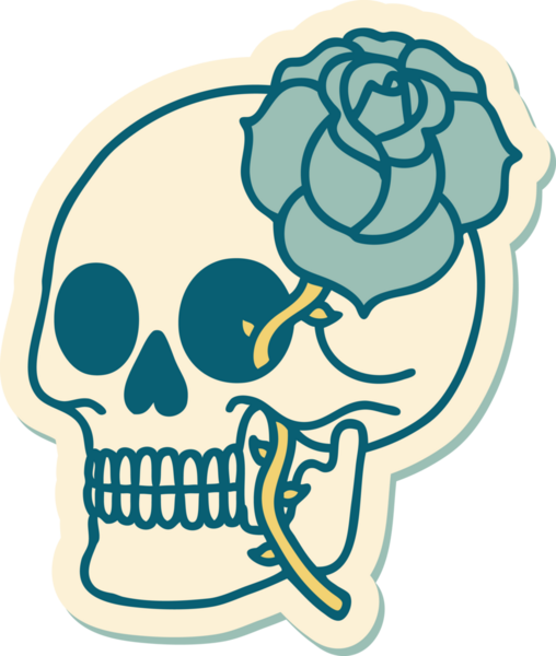 Geleneksel kafatası stili dövme çıkartması ve bir insan tarafından çizilmiş gül.