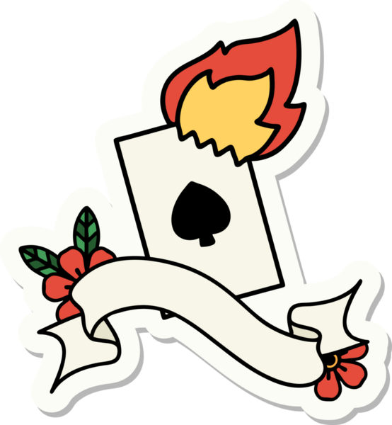 Bir insan tarafından çizilmiş yanan bir kartın pankartına sahip dövme stili çıkartması