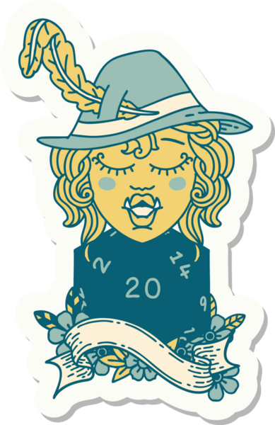 Bir insan tarafından çizilmiş 20 zarlı şarkı söyleyen yarı ork bir ozanın çıkartması.