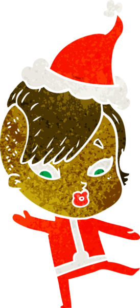 Bilim kurgu elbiseli, Noel Baba şapkası giymiş, şaşırmış bir kızın el çizimi karikatürü bir insan tarafından çizilmiş.