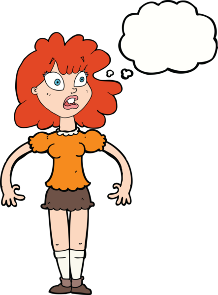 Bir insan tarafından çizilmiş düşünce baloncuğuyla şok olmuş güzel bir kız.