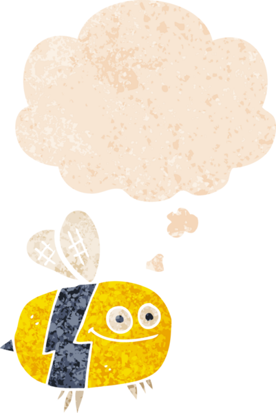 Düşünce baloncuğu olan çizgi film arısı bir insan tarafından çizilmiş dertli retro tarzı