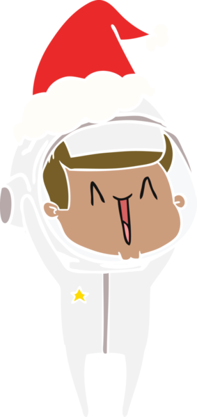 Mutlu el çizimi düz renk çizimi. Bir astronot Noel Baba şapkası takıyor.