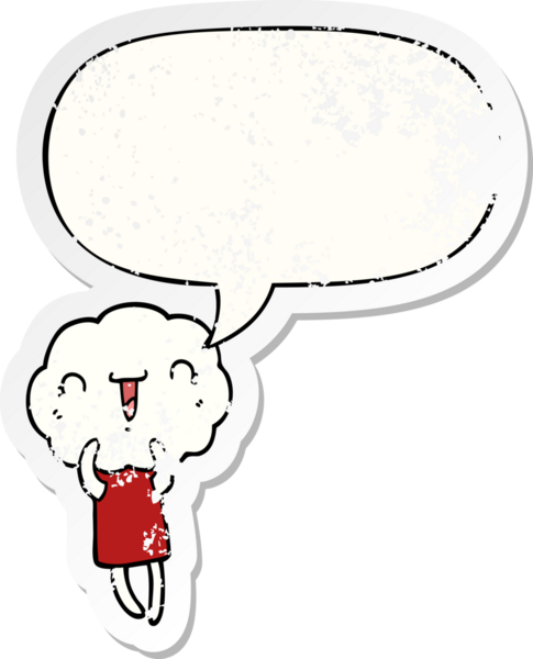 Konuşma baloncuğu olan sevimli çizgi film yaratığı bir insan tarafından çizilmiş sıkıntılı eski bir çıkartma.