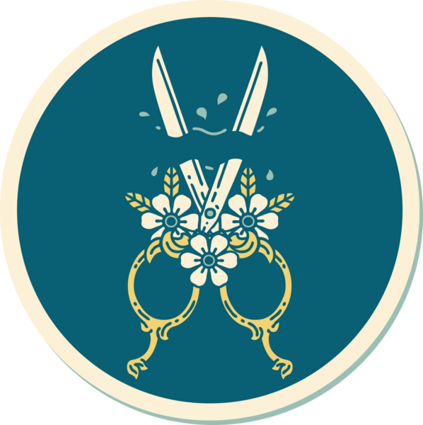 Bir insan tarafından çizilmiş geleneksel makas ve çiçek stili dövme çıkartması.