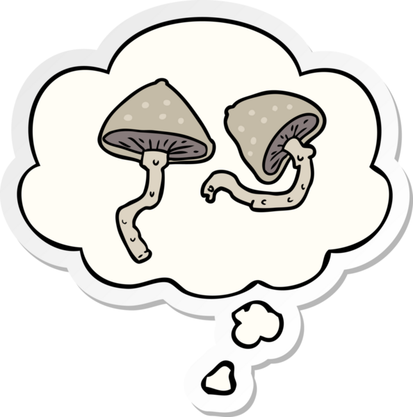 Düşünce baloncuklu mantarlar insan tarafından çizilmiş bir çıkartma.