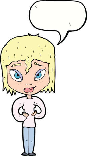 Bir insan tarafından çizilen konuşma baloncuğuyla tatmin olmuş bir kadın.