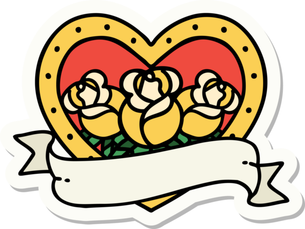 Geleneksel kalp stili dövme çıkartması ve bir insan tarafından çizilmiş çiçekli pankart.