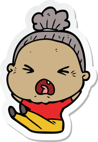 Bir insan tarafından çizilmiş kızgın yaşlı bir kadının çıkartması.