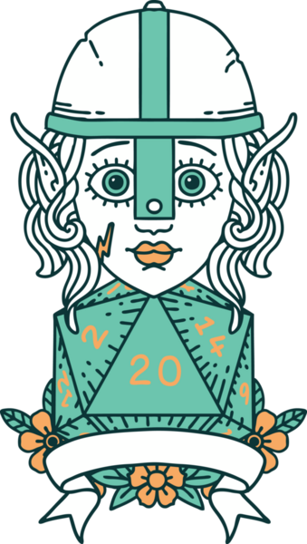 Retro Dövme Tarzı Elf Savaşçısı Doğal 20 zar atışıyla Bir insan tarafından çizilmiş