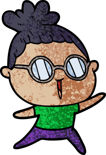 Bir insan tarafından çizilmiş gözlüklü bir karikatür kadın.