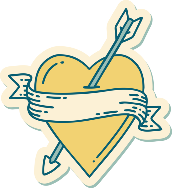 Bir insan tarafından çizilmiş ok kalp ve pankartın geleneksel stiliyle dövme çıkartması.