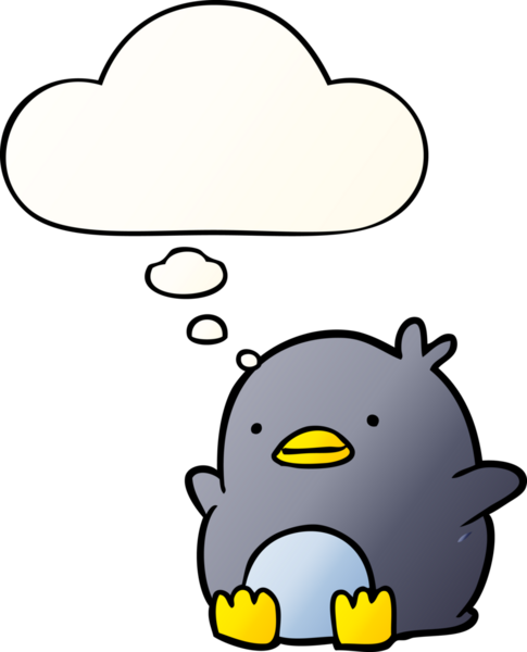 Bir insan tarafından çizilmiş yumuşak eğimli düşünce kabarcığı olan sevimli penguen çizgi filmi.