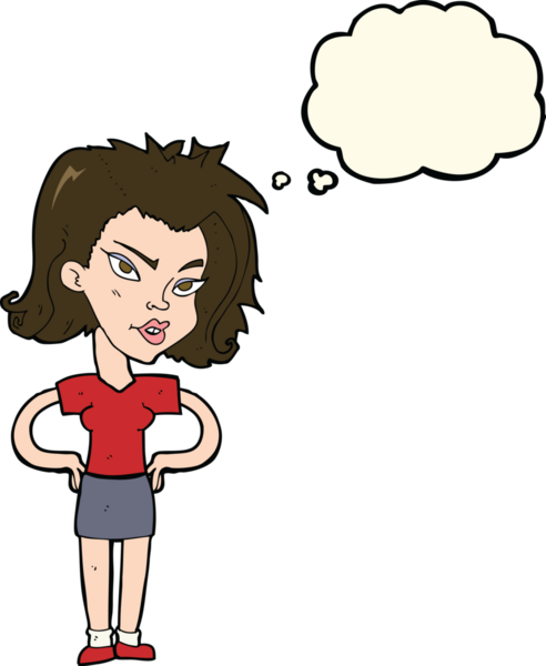 Bir insan tarafından çizilmiş düşünce baloncuğu olan elleri kalçasında çizgi film kadını.