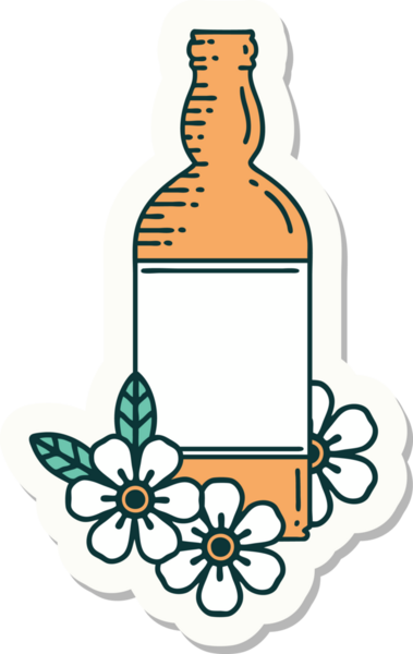 Rom şişesi ve bir insan tarafından çizilmiş çiçek şeklinde dövme çıkartması.