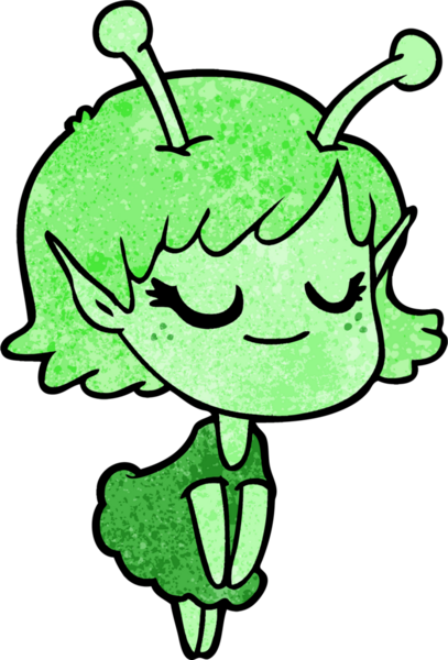 Bir insan tarafından çizilmiş gülümseyen uzaylı kız çizgi filmi.