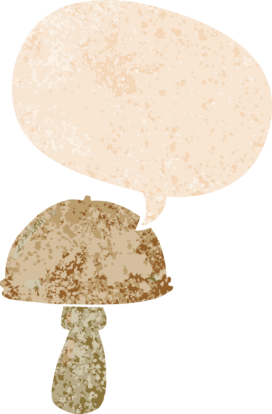 grunge 'da konuşma baloncuğu olan karikatür mantarı bir insan tarafından çizilmiş dertli retro dokuma tarzı