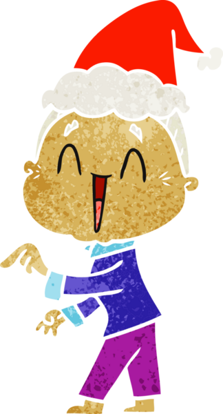 Bir insan tarafından çizilmiş Noel Baba şapkası giyen mutlu yaşlı bir kadının el çizimi karikatürü.