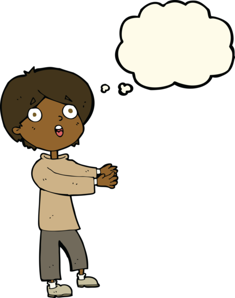 Bir insan tarafından çizilmiş düşünce balonuyla şok olmuş bir çocuk.