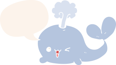 Konuşma baloncuğu olan çizgi film balinası insan tarafından çizilmiş.