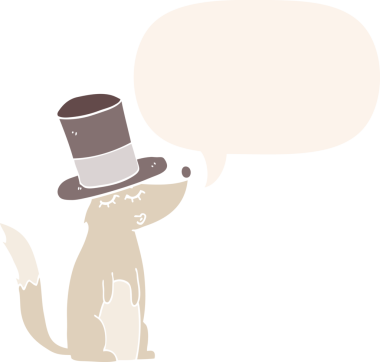 Çizgi film kurdu ıslık çalıyor. Silindir şapka takıyor. Konuşma baloncuğu eski moda bir insan tarafından çizilmiş.