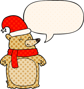 Bir insan tarafından çizilmiş çizgi roman tarzında konuşma baloncuğu olan çizgi film noel ayısı.