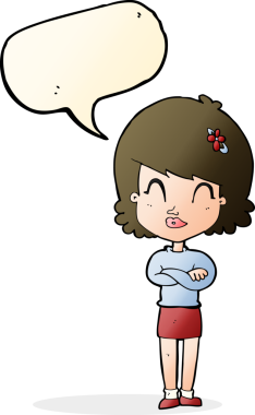 Bir insan tarafından çizilmiş, kolları katlanmış, konuşma balonu olan mutlu bir karikatür.